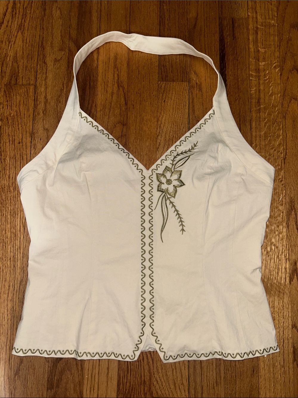 Princess Polly Ivory Halter Top with Olive Embroidered Floral Detail NEW - Picture 3 of 3